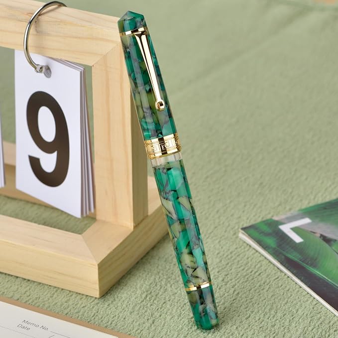 Asvine P20 Piston Fountain Pen Extra Fine Point, Green Marble Acrylic Gold Trim Smooth Writer Collection with Case Set