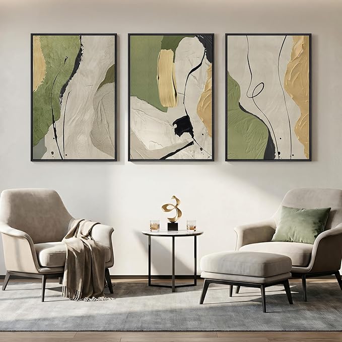 Large Framed Sage Green Abstract Wall Art for Living Room, 3 Piece Modern Canvas Prints Paintings Artwork for Walls, Gray Yellow Minimalist Pictures Wall Decor for Bedroom Dining Room Office, 24x36 In