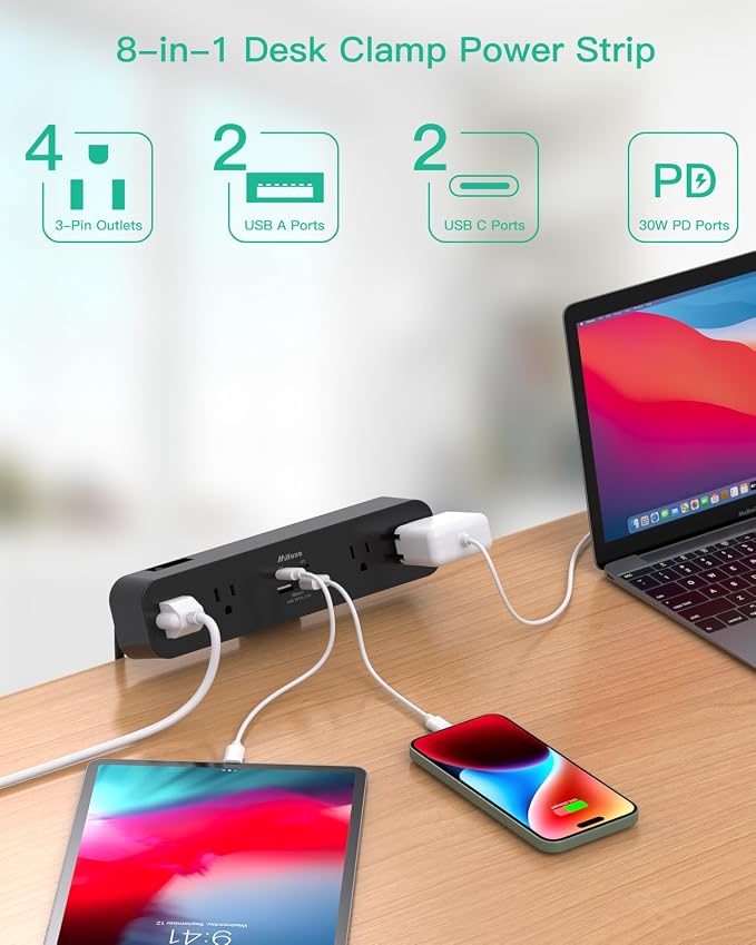 Mifaso PD30W Desk Clamp Power Strip, Surge Protector, Fast Charging Station | 4 Outlets, 4USB (2USBC), Desk Organizer Gaming Accessories Office Essentials, 5FT Cord, Fits 1.96" Tabletop Edge Shelf, Black