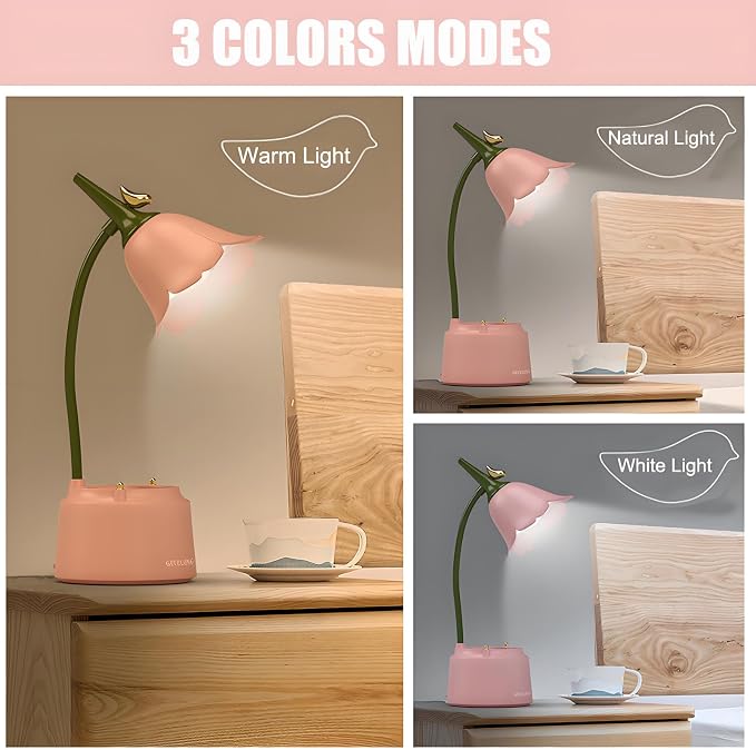 DLHONORV Cute LED Desk Lamp Kawaii Desk Accessories, Flower Bird Table lamp USB Rechargeable, 3 Color Modes, Stepless Dimming, Touch-Sensitive Switch Kawaii Room Decor Lamp, Reading Lamp (Pink)