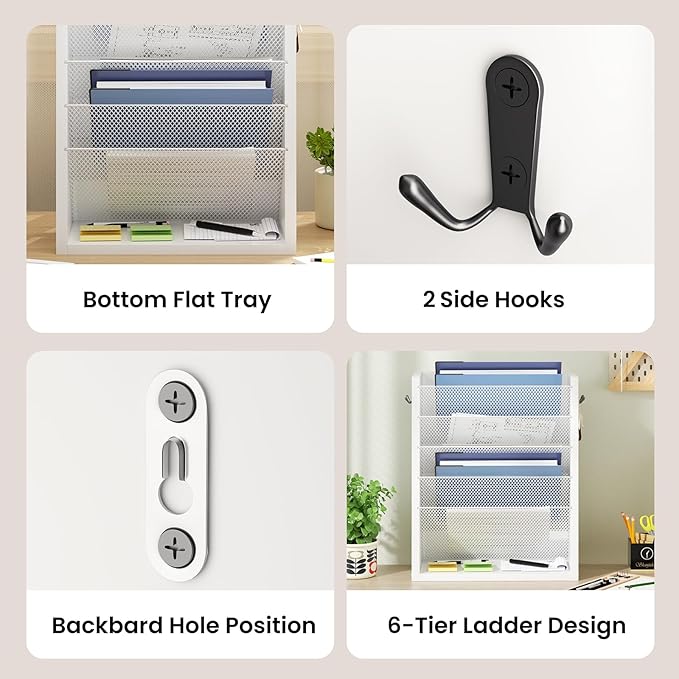 Creso hom Mail Organizer Wall Mounted, Mail Sorter with 2 Key Hooks, 6-Slot File Organizer for Wall or Desk, Wood Letter Holder Envelopes Bills Accessories for Home Office, White