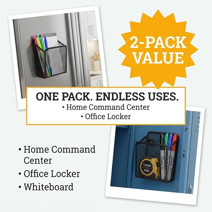 Magnetic Pen Holder for Whiteboard, 2 Pack Magnetic Marker Holder, Black | Rust-Resistant Heavy-Duty Mesh Metal, Strong Magnets, Dry Erase Marker Pencil Organizer, Locker & Refrigerator - Performore