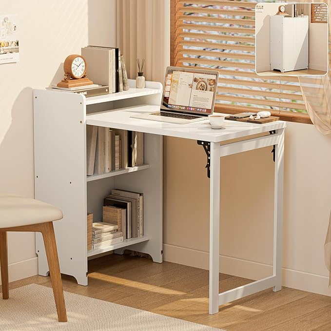 Bamboo Folding Desk for Small Spaces with Storage, Foldable Mid Century Modern Drop Leaf Desk, Vintage Fold Out Hideaway Small Desks for Bedroom or Home Office, White