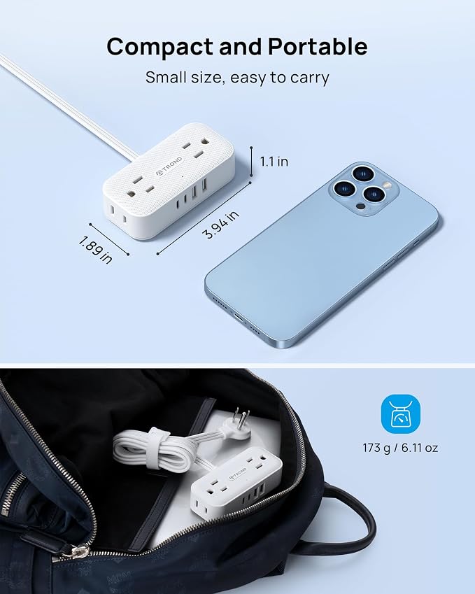 TROND Flat Plug Power Strip 5FT, Small Flat Extension Cord with Multiple Outlets, 4 AC and 4 USB Ports (2 USB C), Wall Mount 900J Surge Protector for Home Office Travel Dorm Room Essentials, White