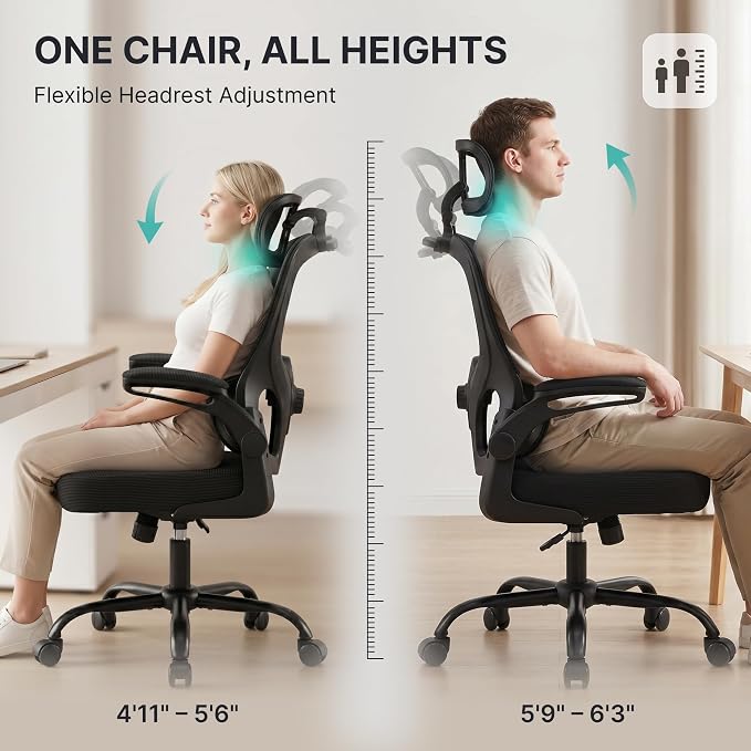Ergonomic Mesh Office Chair,330LB Capacity High Back Desk Chair with Adjustable Lumbar Support, Adjustable Headrest & Flip-Up Arms,Breathable Computer Chair for Home Office,Work & Study,3pcs