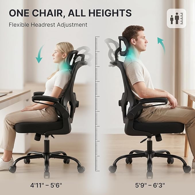 Ergonomic Mesh Office Chair,330LB Capacity High Back Desk Chair with Adjustable Lumbar Support, Adjustable Headrest & Flip-Up Arms,Breathable Computer Chair for Home Office,Work & Study,2pcs