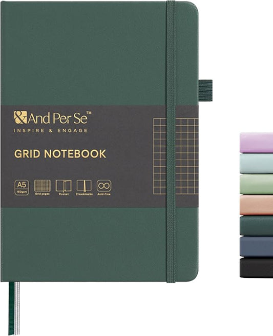 &And Per Se Graph Notebook, 5mm Grid, A5 Hardcover, 160 Pages 100gsm Thick Paper, Grid Journal for Diagrams, Wireframes, CAD Sketches (Green)