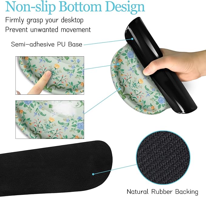 LIMKRIAN Green Floral Desk Mat Set with Bow, Large Computer Mat for Keyboard and Mouse, Ergonomic Wrist Rest Support Set, Cup Coaster, Stitched Edges, Girly Home Office Desk Accessories, Gift for Her