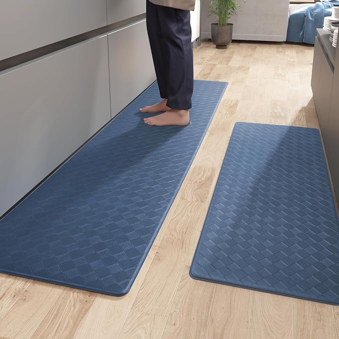 Color&Geometry 2 PCs Checkered Narrow Kitchen Mat Set 17x29+17x59, Blue | Waterproof & Oil Proof, Easy Clean Kitchen Rug For Busy Family, Anti Fatigue 0.4in Thick Cushion For Long Standing, Non Slip