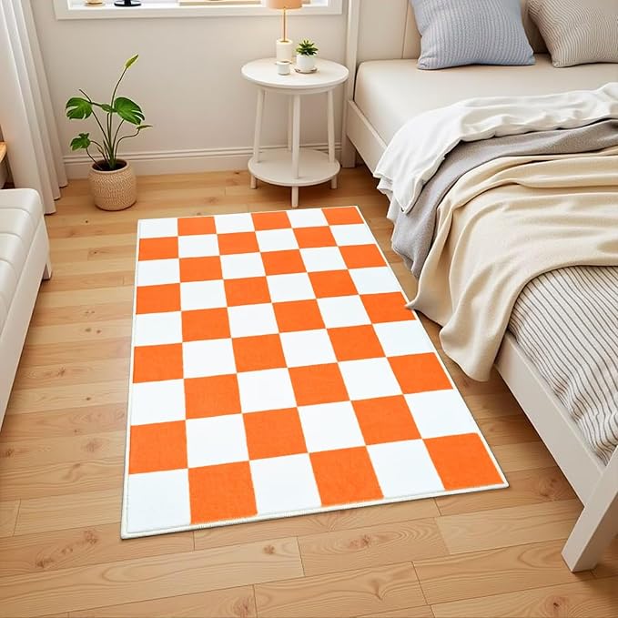 Terrug Orange and White Checkered Rug for Entryway,2x3 Small Area Rugs Washable with Non Slip for Kitchen,Soft Low Pile Retro Carpet for Bedroom Front Door Porch