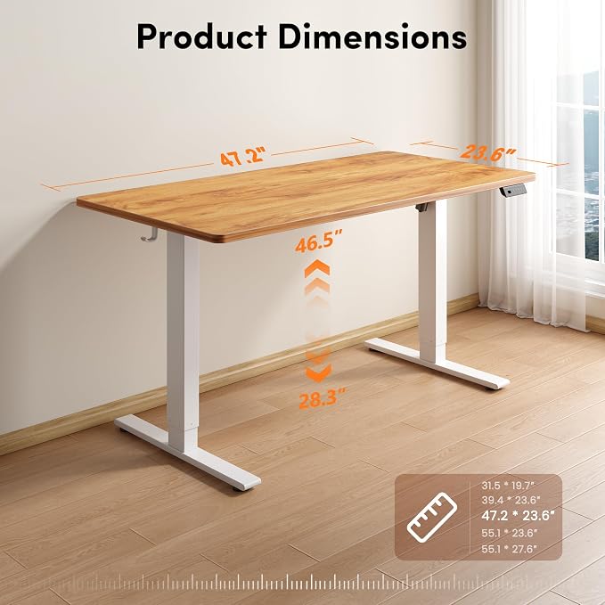FEZIBO One-Piece Standing Desk, 48"x24" Seamless Tabletop Electric Height Adjustable for Home Office, Study Rooms & Multi-Device Workstations, Light Rustic