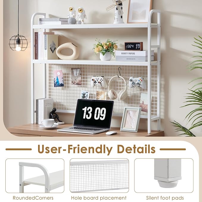 Desk Shelf, 45.3” Desktop Organizer Shelf with Grid Panel and Hooks, Desk Hutch for Computer Monitor, 2 Tier Desk Display Rack Wood Desktop Bookshelf Storage for Home Office Dorm