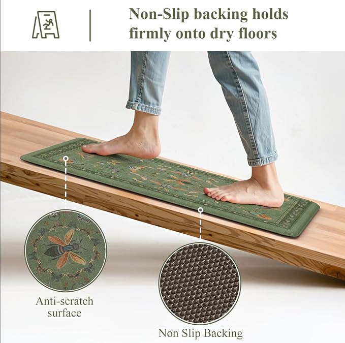 KIMODE Kitchen Mats for Floor Cushioned Anti Fatigue Kitchen Rugs Sets of 2 | 17 x29+17"x47", Sage Green,Vintage Butterfly,Non Slip Waterproof,Memory Foam,Standing Mats,for Laundry Sink Office Home Decor