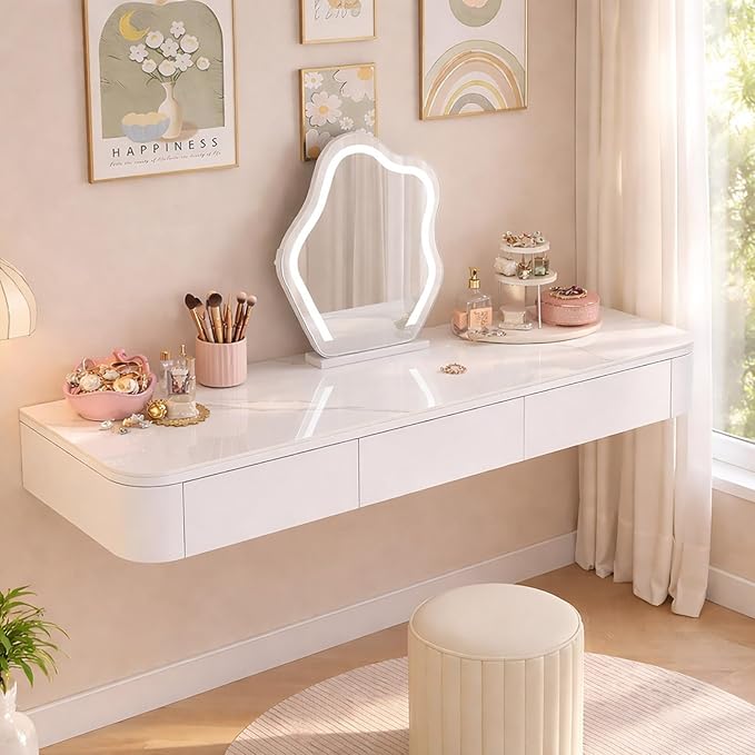 Floating Makeup Vanity Desk With Drawers Wall Mounted Makeup Table With Storage Fully Assembled Floating Vanity Desk Space Saving Modern Dressing Table For Bedroom Closet(White Marble,47.2")