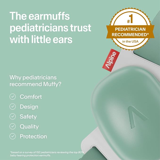 Alpine Muffy Baby Comfort - Protects Hearing for Babies and Toddlers - CE & ANSI Certified - Headband for Safe fit & Comfort - Adjustable for Ages 3-48 Months - 24dB Sound Reduction, Green