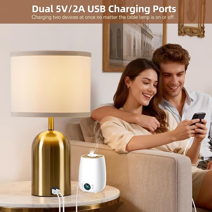 GyroVu Touch Control Table Lamps Set of 2, Gold Bedside Table Lamps for Bedroom Living Room Office, Modern Dimmable Desk Lamp for Nightstand with 2 USB Charging Ports, 2 Bulbs Included