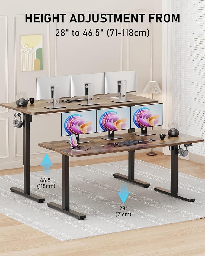 63" Electric Standing Desk Adjustable Height, Sit Stand up Desk for Home Office & Computer Workstation, 2 Memory Height Settings, Splice Board, 2 Hooks, Black Frame/Rustic Brown Top