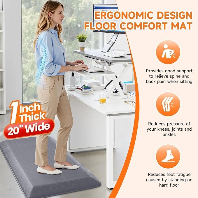 StepRite 1” Thick Kitchen Mats for Floor, Anti Fatigue Kitchen Rugs, Non-Slip,Heavy Duty Water Resistant Kitchen Rug, Standing Desk Mat for Friends, Family, Home, Kitchen, Office (39" x 20", Grey)