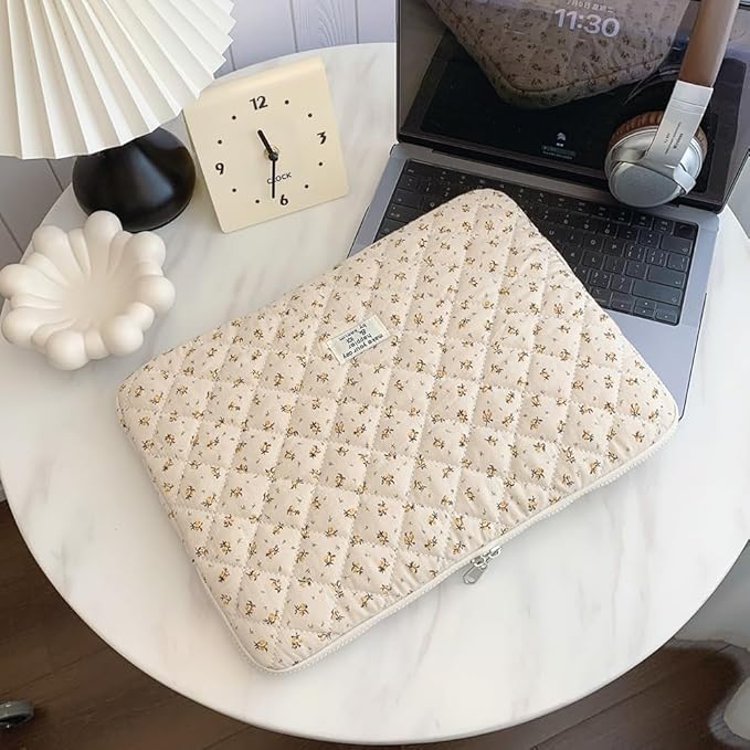 Cute Laptop Sleeve 13-15 inch Laptop Case Aesthetic Quilted Laptop Sleeve Computer Bag with Flower Printing for MacBook (Yellow, 15inch)