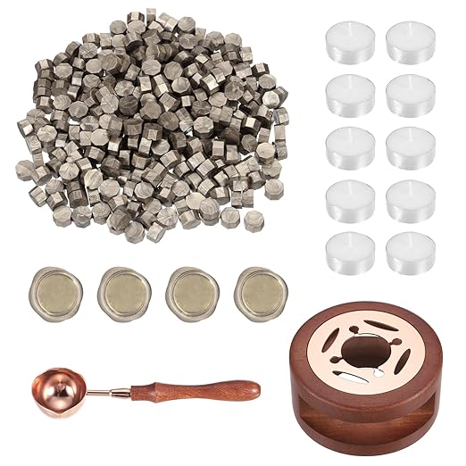 PATIKIL Wax Seal Kit, 300 Pcs Wax Sealing Beads, Wooden Warmer, Melted Spoon, 10 Pcs Tealight Candles for Envelope Letter Mailing Crafts DIY, Champagne Gold
