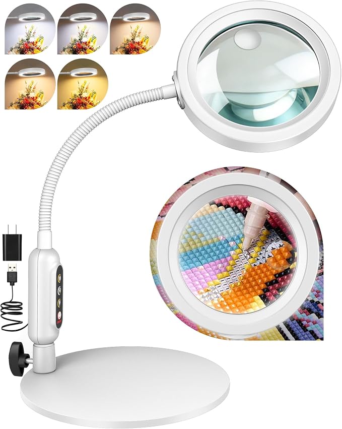 Magnifying Glass with Light and Stand, 5 Color Modes Stepless Dimmable, Optical Grade HD Lens, LED Lighted Magnifier Hands Free with 16in Flexible Gooseneck for Close Work - White