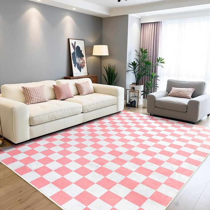 Terrug Pink and White Checkered Rug for Bedroom,4x6 Area Rugs Washable with Non Slip for Living Room,Soft Low Pile Stain Resistance Retro Carpet for Dorm Kids Room