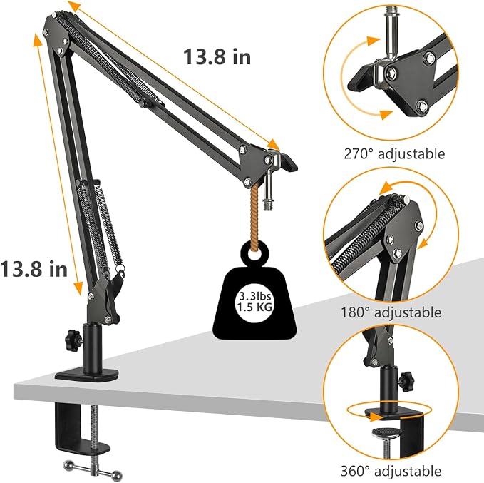 Razer Seiren Mini Boom Arm Mic Stand with Pop Filter, Shock Mount, Upgraded Heavy Duty Clamp, Adjustable Suspension Scissor Boom Arm Stand for Razer Seiren Mini USB Streaming Microphone Frgyee