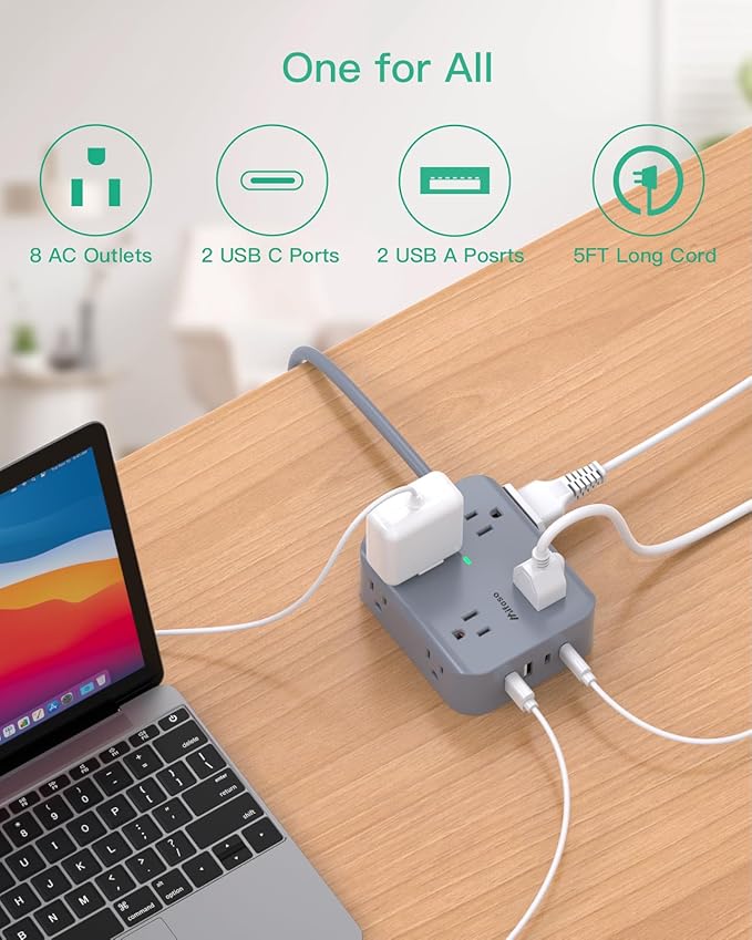 Power Strip Surge Protector - Flat Plug, Wall Mount, 8 Wide Outlets with 4 USB Ports (2 USB C), 5FT Heavy Duty Extension Cord with Multiple Outlets, Charging Station Home Dorm Office Accessories Gray
