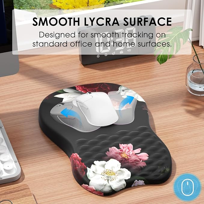 MROCO Ergonomic Mouse Pad with Wrist Support, 11.8 x 7.8 in, Black Flower | Memory Foam Wrist Rest Mouse Pad, Non-Slip Base, Smooth Lycra Surface for Office & Home, Comfortable Wrist Support
