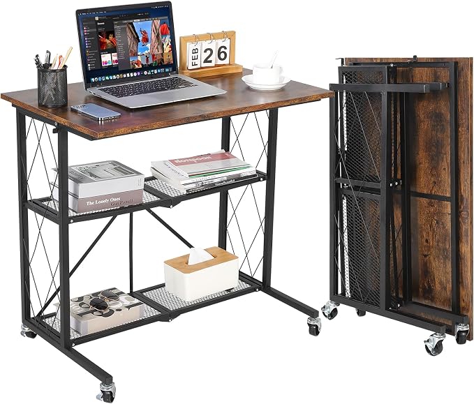 GarveeLife 31.5 inch 3Tier Foldable Desk with Wheels, Large Capacity Shelving Unit, Freestanding Metal Wire Shelf Rack, No Assembly Organizer Rack for Study Room,Kitchen,Living Room,Balcony