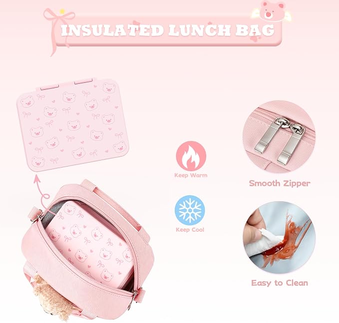 ACESAK Backpack for Girls with Bento Box - 4 PCS Cute Girls Backpack with Lunch Box, Pencil Case & Bento Box Set - 43oz Leakproof Lunch Box Kids Snack Containers Set Back to School Supplies (Pink)