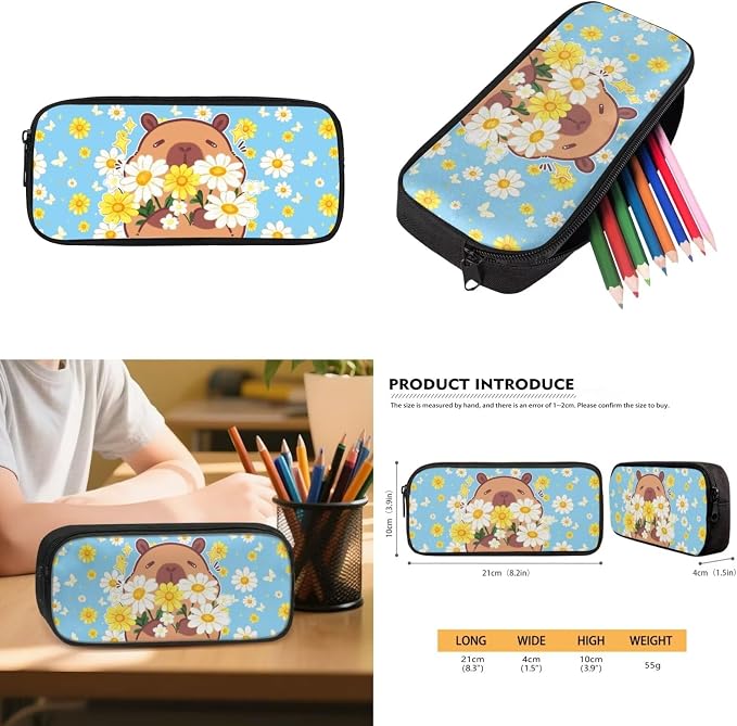 WELLFLYHOM 4 PCS Blue Daisy Floral Capybara Backpack for Girls Ages 8-12 | 4-In-1 School Bag Set with Lunchbox, Pencil Case and Water Bottle Sleeve, Ideal for Middle and High School Girls Daily Carry