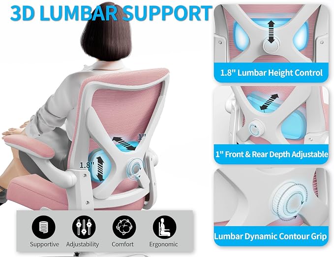 Office Chair Ergonomic Desk Chair Comfy: 330LBS Mesh Computer Chair Ergonomic Gaming Chairs with Wheels Adjustable Lumbar Support and Flip up Armrest-Swivel Executive Chairs Long Hours(Light Pink)