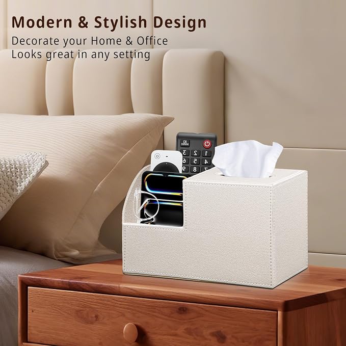 PU Leather Square Tissue Box Cover - Multi-Functional Tissue Box Holder | Tissue Box Cover with Storage,Tissue and Remote Control Holder/Caddy,Cube Tissue Box Organizer Bedroom Nightstand End Table