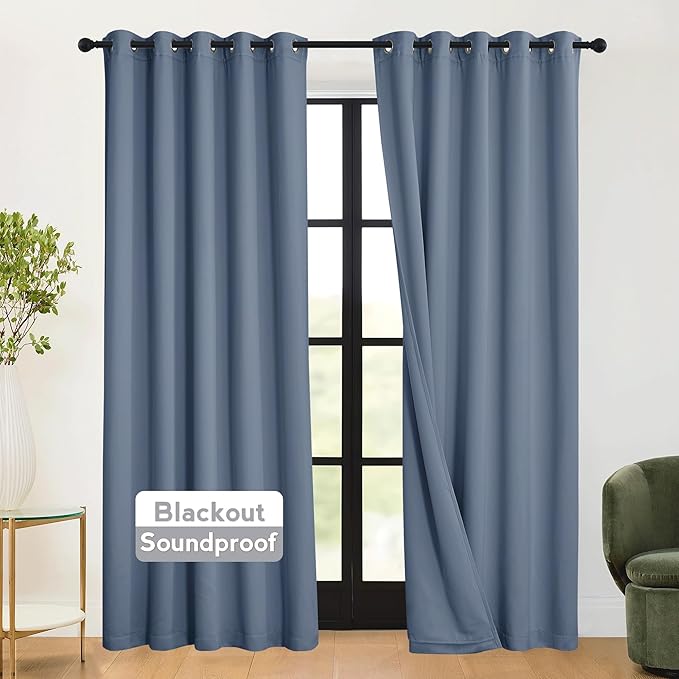 RYB HOME 3-in-1 Soundproof - Blackout - Energy Saving Curtains for Bedroom, Soundproof Blanket Curtains for Living Room Kids Nursery Patio Door Divider, Stone Blue, W 62 x L 95, 2 Panels