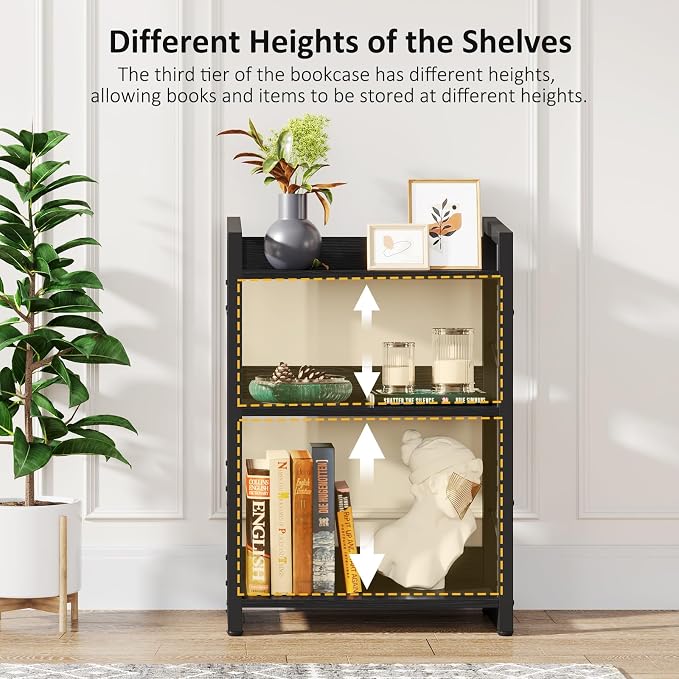 Hosfais 3-Tier Small Bookshelf with Edge Protection | Wood Book Shelf Industrial Bookshelf Metal Narrow Bookcase Storage Organizer Display Rack for Bedroom Home Office (Black)