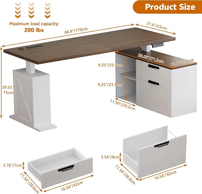 67" L Shaped Standing Desk with Drawers, Electric Height Adjustable Corner Desk, Sit Stand Office Desk with 4 AC Outlets & Type C Port, Executive Computer Desk with Cabinet, Brown & White