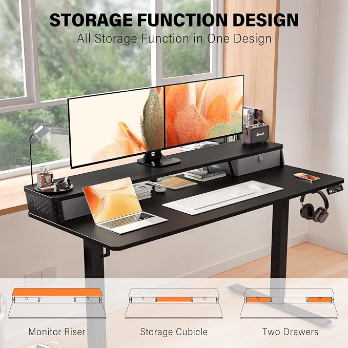 Electric Standing Desk with Two Drawers,48 x 24 Inch Sit Stand Desk Adjustable Height, Stand Up Desk with Storage Shelf, Computer Workstation for Home Office, Black