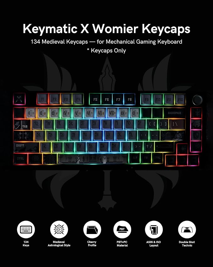 Keymatic Keycaps, PBT Keycap Medieval Roman Style 60 65 75 100 Percent, 134 Keys Set Custom Key caps Set Cherry Profile,for 61/68/84/87/98/100 Cherry Gateron MX Mechanical(Only Keycap Set)