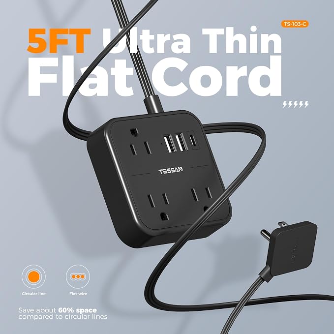 TESSAN Ultra Thin Flat Extension Cord 5 FT, Slim Power Strip with USB Ports (1 USB C), Surge Protector Flat Plug Wall Charger with 3 Outlets for Office, School, Dorm Room Essentials, Black