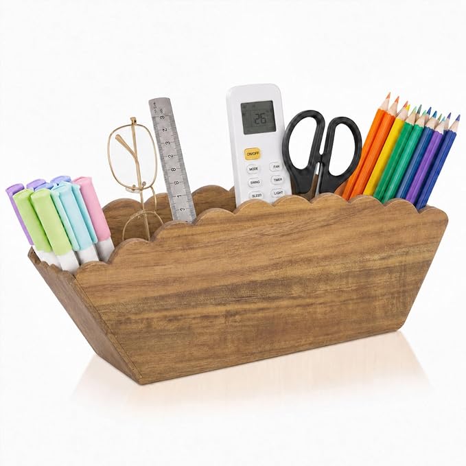 Jetec Scalloped Acacia Wooden Pencil Holder, Wooden Desk Organizer with 4 Compartment for Pens, Markers, Makeup Brushes, Remote Controls, Silverware, Decorative Cute Desktop Organizer for Office Home