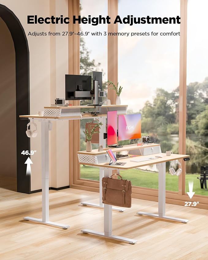 FiCiHi 35x20 Inch Standing Desk with Drawers, C-Clamp Mount Compatible, Electric Adjustable Height Computer Small Stand Up Desks, Home Office Sit Stand Table with 3 Preset Heights, Maple