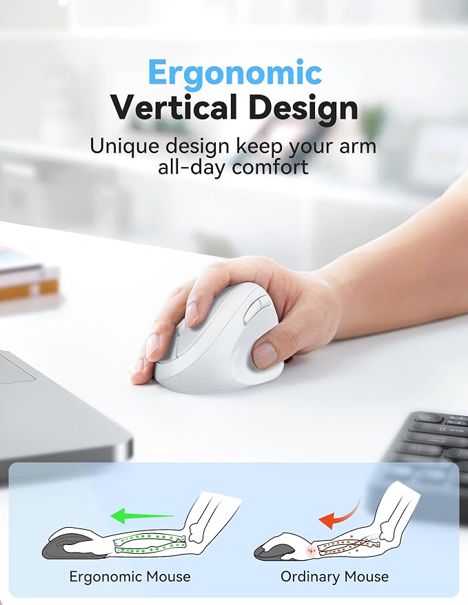TECKNET Ergonomic Wireless Mouse 2.4G Vertical Mouse Silent 4800 DPI | 5 Adjustable DPI Levels, 6 Buttons, Compatible with Laptop, PC, Chromebook, Mac - Light White