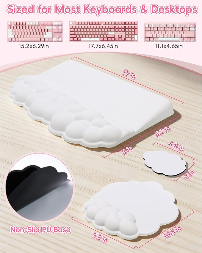 Cloud Wrist Rest Set for Keyboard and Mouse, Cute Memory Foam Wrist Support & 2-in-1 Adjustable Keyboard Stand, Silky Lycra Surface, Two Typing Angles, Non-Slip Base (White)