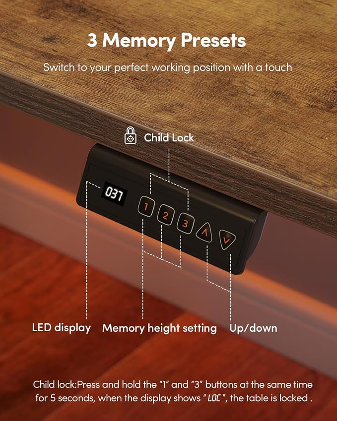 CubiCubi 55 x 28 Inch Large One-Piece Standing Desk, Adjustable Height Electric Computer Home Office Sit Stand up Whole Board Workstation, with Memory Presets, Headphone Hook, Rustic Brown