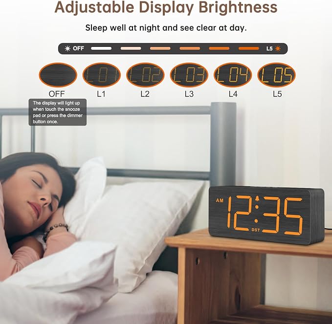 DreamSky Wooden Digital Alarm Clock for Bedroom with Large Numbers | Desk Clocks for Living Room, Loud Alarm for Heavy Sleepers with Volume Control, Dimmer, DST, Office Wood Decor (Plug-in)