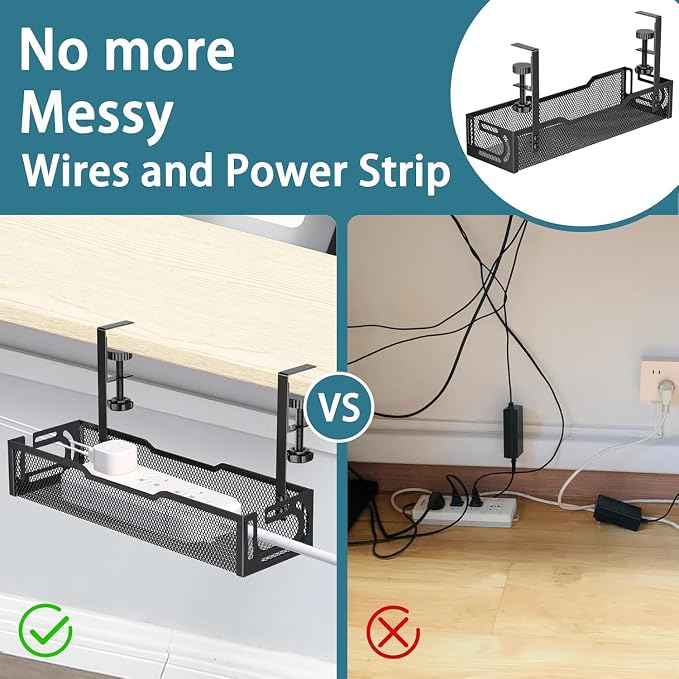 2Pack Under Desk Cable Management Tray, No Drill Mesh Desk Cable Tray | Wire Management Tray Cable Management Rack, Cord Organizer and Cable Management Box (Black)