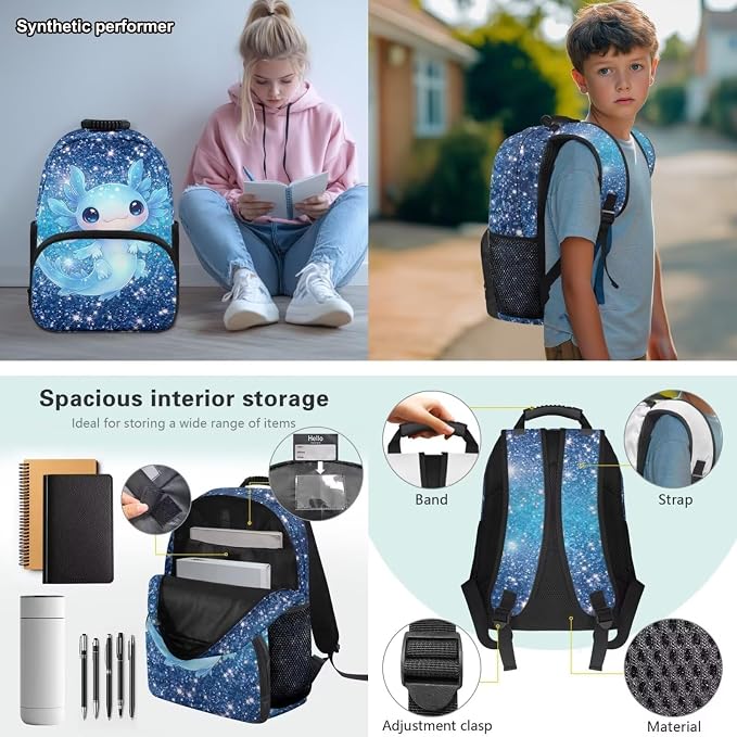 Blue Axolotl Backpacks for Elementary School Girls- 4 in 1 Cute Graphic Backpack with Lunch Box, Galaxy Space17 Inch Large Capacity Book Bag Kids Ages 6-8 Back to School