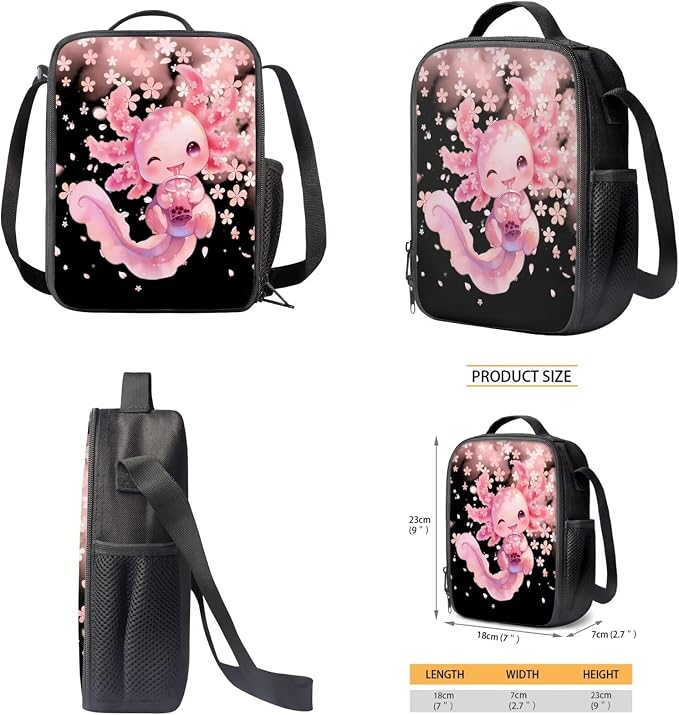 WELLFLYHOM 17 Inch Axolotl School Backpack for Kids Girls, Cherry Blossom 4PCS Set Pink Elementary Bookbag with Lunch Box for 6-11 Years, Back to School Supplies