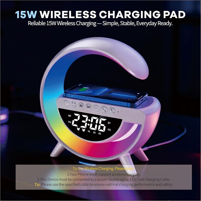 Smart Wireless Charging Table Lamp, Multifunctional Bluetooth Speaker & Alarm Clock - LED Bedside Desk Lamp Night Light for Heavy Sleepers, Superfine Bedroom Home Decoration (Black)